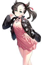 Rule 34 | 1girl, asymmetrical bangs, black choker, black hair, black jacket, blush, breasts, choker, cleavage, closed mouth, collarbone, commentary, creatures (company), dress, finger to mouth, game freak, green eyes, hair between eyes, hair ribbon, hand up, highres, jacket, long hair, long sleeves, looking at viewer, marnie (pokemon), nintendo, pink dress, pokemon, pokemon swsh, red ribbon, ribbon, ririko (zhuoyandesailaer), short eyebrows, simple background, sleeves past wrists, small breasts, smile, solo, symbol-only commentary, thick eyebrows, twintails, undercut, white background