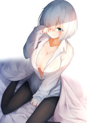 Rule 34 | 10s, 1girl, absurdres, arm support, bed sheet, between legs, black pantyhose, blouse, blue eyes, breasts, eyes visible through hair, from above, hair over one eye, hamakaze (kancolle), hand between legs, highres, kantai collection, large breasts, light smile, looking at viewer, no bra, one eye closed, pantyhose, rerrere, shirt, short hair, silver hair, sitting, solo, thighband pantyhose, waking up, white shirt