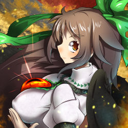 Rule 34 | 1girl, blush, bow, breasts, brown hair, covered erect nipples, hair bow, hand on own chest, large breasts, long hair, looking at viewer, looking back, red eyes, reiuji utsuho, short sleeves, smile, solo, third eye, touhou, umigarasu (kitsune1963), wings