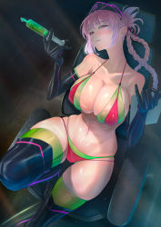 Rule 34 | 1girl, bare shoulders, bikini, black footwear, black gloves, black hat, blush, boots, braid, breasts, chair, cleavage, clipboard, collarbone, curvy, elbow gloves, fate/grand order, fate (series), florence nightingale (fate), florence nightingale (trick or treatment) (fate), folded ponytail, garrison cap, gloves, green bikini, green thighhighs, hat, highres, holding, holding syringe, imizu (nitro unknown), knee up, large breasts, layered bikini, long hair, looking at viewer, navel, nurse cap, official alternate costume, parted lips, pink bikini, pink eyes, pink hair, single braid, sitting, skindentation, solo, swimsuit, syringe, thigh boots, thighhighs, thighhighs under boots, thighs, thong, thong bikini, very long hair, wide hips