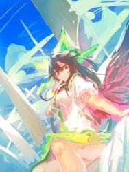 Rule 34 | 1girl, bird wings, black hair, bow, cape, day, feathered wings, green bow, green skirt, hair bow, highres, long hair, looking at viewer, md5 mismatch, melon22, puffy short sleeves, puffy sleeves, red eyes, reiuji utsuho, resized, resolution mismatch, short sleeves, sitting, skirt, sky, solo, source larger, third eye, touhou, wings