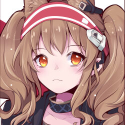 Rule 34 | 1girl, angelina (arknights), animal ear fluff, animal ears, arknights, brown hair, collarbone, fox ears, fox girl, frown, hairband, light particles, looking at viewer, orange eyes, portrait, red hairband, solo, striped clothes, striped hairband, twintails, varinr, wavy hair