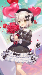 Rule 34 | 1girl, absurdres, ainy, animal ears, balloon, black ribbon, blush, bouquet, cat ears, cat girl, cat tail, choker, commentary request, cross, cross necklace, dress, flower, frilled dress, frills, hair ornament, hair ribbon, hat, heart, heart balloon, highres, holding, holding bouquet, indie virtual youtuber, jewelry, long sleeves, looking at viewer, neck ribbon, necklace, nekodo oyuchi, open mouth, petals, ribbon, rose, short hair, smile, solo, standing, tail, tail ornament, tail ribbon, virtual youtuber, yellow eyes