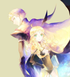 Rule 34 | 1boy, 1girl, ahoge, back-to-back, blonde hair, book, breasts, cape, center opening, circlet, cleavage, curly hair, father and daughter, fire emblem, fire emblem fates, green eyes, kuzumosu, long hair, nintendo, odin (fire emblem), ophelia (fire emblem), simple background, small breasts, yellow background