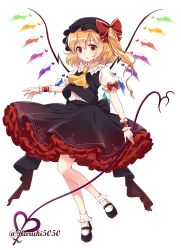 Rule 34 | 1girl, alternate costume, ascot, black footwear, black hat, black skirt, blonde hair, bobby socks, expressionless, flandre scarlet, frilled skirt, frills, full body, haruki (colorful macaron), hat, highres, holding, holding weapon, laevatein, looking at viewer, mary janes, mob cap, puffy short sleeves, puffy sleeves, red eyes, shoes, short sleeves, simple background, skirt, socks, solo, touhou, twitter username, vest, weapon, white background, white socks, wings, wrist cuffs