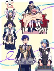 Rule 34 | 3boys, :o, androgynous, blanket, blue hair, blush, buttons, closed eyes, closed mouth, coat, commentary request, cowboy shot, cup, dark blue hair, ensemble stars!, frills, full body, fushimi yuzuru, gloves, head on another&#039;s shoulder, highres, himemiya tori, holding, holding another&#039;s leg, holding tray, long sleeves, looking at another, looking up, male focus, mole, mole under eye, multiple boys, official alternate costume, on person, open mouth, partial commentary, pink hair, purple eyes, purple ribbon, ribbon, shino hajime, short bangs, short hair, sidelocks, sitting, sleeping, sleeping upright, teapot, tray, user vzxu4543, white gloves