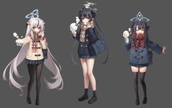 3girls alternate_costume animal_ears bag baozi black_coat black_footwear black_hair black_pantyhose black_socks black_thighhighs blue_archive bow butterfly_hair_ornament chirang closed_eyes closed_mouth coat double_bun facing_viewer food food_on_face full_body grey_background grey_hair hair_between_eyes hair_bow hair_bun hair_ornament halo highres holding holding_food kisaki_(blue_archive) kokona_(blue_archive) loafers long_hair long_sleeves looking_at_viewer multicolored_hair multiple_girls open_mouth pantyhose scarf school_bag school_uniform shoes shun_(blue_archive) shun_(small)_(blue_archive) siblings simple_background sisters skirt smile socks standing steam streaked_hair striped_clothes striped_scarf teeth thighhighs upper_teeth_only very_long_hair winter_clothes winter_coat zettai_ryouiki