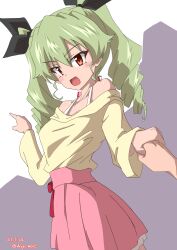 Rule 34 | 1girl, absurdres, anchovy (girls und panzer), black ribbon, casual, commentary, dated, drill hair, drops mint, from side, girls und panzer, green hair, hair ribbon, highres, holding hands, long hair, long sleeves, looking at viewer, miniskirt, off-shoulder shirt, off shoulder, open mouth, out of frame, pink skirt, pleated skirt, pointing, pov, red eyes, ribbon, shirt, shirt straps, skirt, smile, standing, twin drills, twintails, twitter username, yellow shirt