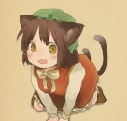 Rule 34 | 1girl, :d, all fours, animal ears, brown background, brown eyes, brown hair, cat ears, cat tail, chen, citrus (place), dress, fang, long sleeves, looking at viewer, multiple tails, nekomata, open mouth, orange dress, red dress, short hair, simple background, sketch, smile, solo, tail, touhou, two tails