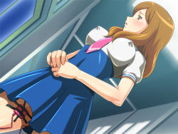 Rule 34 | 10s, 1girl, blush, breasts, brown eyes, brown hair, discreet vibrator, dutch angle, egg vibrator, embarrassed, covered erect nipples, indoors, kise chiharu, large breasts, legs, long hair, looking away, mature female, necktie, parted lips, precure, school uniform, sex toy, short sleeves, skirt, smile precure!, solo, standing, thighs, vibrator, vibrator under clothes
