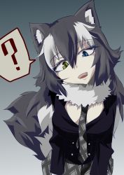 Rule 34 | 10s, 1girl, :d, ?, animal ears, bad id, bad pixiv id, black jacket, blazer, blue eyes, breast pocket, breasts, buttons, commentary request, eri (yangyang nickbow), fang, fur collar, green eyes, grey hair, grey necktie, grey skirt, grey wolf (kemono friends), hair between eyes, head tilt, heterochromia, highres, jacket, kemono friends, large breasts, leaning forward, long hair, long sleeves, looking at viewer, multicolored hair, necktie, open mouth, plaid, plaid necktie, plaid neckwear, plaid skirt, pocket, skirt, slit pupils, smile, solo, spoken question mark, tail, two-tone hair, upper body, white hair, wolf ears, wolf girl, wolf tail