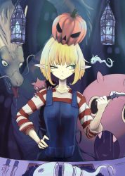 Rule 34 | 1girl, apron, blue apron, crystal, dragon, fangs, ghost, green eyes, hand on own hip, highres, holding, holding knife, jack-o&#039;-lantern, knife, lantern, long pointy ears, long sleeves, monster, original, pointy ears, shinpe 091, shirt, striped clothes, striped shirt, tsurime, uneven eyes