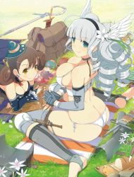 Rule 34 | 2girls, aimu (senran kagura), armor, artist request, ass, backpack, bag, bare back, bare hips, bare shoulders, bikini, bikini armor, bra, bread, breasts, brown hair, butt crack, cheese, cleavage, crescent print, curly hair, detached sleeves, drill hair, earrings, elbow gloves, female knight, fingerless gloves, flower, food, footless tights, ginrei (senran kagura), gloves, green eyes, hair flower, hair ornament, hair ribbon, hat, highres, jewelry, knee pads, knife, knight, large breasts, legs, loaf of bread, long hair, looking at viewer, looking back, looking up, lying, medium breasts, mini hat, mini witch hat, multiple girls, on floor, on grass, on ground, on stomach, outdoors, panties, revealing clothes, ribbon, sausage, senran kagura, short hair, side-tie bikini bottom, side-tie panties, sideboob, silver hair, sitting, smile, spread legs, staff, star (symbol), star print, swimsuit, sword, tagme, thick thighs, thighs, underboob, underwear, wariza, weapon, white bikini, white flower, white panties, witch hat, wizard, wizard hat, yellow eyes