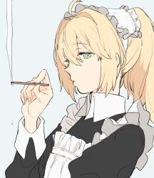 Rule 34 | 1girl, ahoge, alternate costume, apron, black dress, blonde hair, cigarette, closed mouth, collared dress, dress, enmaided, expressionless, from side, green eyes, grey background, hair intakes, hand up, highres, holding, holding cigarette, keenu (winterz.), long hair, looking at viewer, looking to the side, maid, maid apron, maid headdress, ohitori (o hitori sama 1), ponytail, sidelocks, simple background, smoke trail, smoking, solo, upper body, virtual youtuber, winterz.