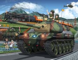 Rule 34 | 3girls, 4boys, absurdres, aircraft, apron, armored vehicle, black gloves, blue pants, blue shirt, blue sky, bridge, brown eyes, brown hair, brown pants, browning m2, camouflage, camouflage jacket, caterpillar tracks, chinese text, closed eyes, closed mouth, cloud, cm-32, commentary request, day, fang, flag, glasses, gloves, goggles, goggles on headwear, grass, green eyes, green headwear, green jacket, grey hair, gun, hat, headlight, headphones, heavy machine gun, helicopter, helmet, highres, jacket, locomotive, looking to the side, m41 walker bulldog, machine gun, mikeran (mikelan), military vehicle, motor vehicle, mountain, multiple boys, multiple girls, oh-58 kiowa, open mouth, original, outdoors, pants, power lines, profile, radio antenna, rectangular eyewear, red-framed eyewear, red shirt, republic of china army, rice paddy, road, road sign, round eyewear, roundel, shadow, shirt, short hair, short sleeves, sign, sky, sleeves rolled up, smile, soldier, steam locomotive, straw hat, taiwan, tank, tank helmet, train, transmission tower, tree, v, vehicle focus, weapon, white gloves