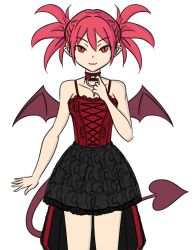 Rule 34 | 1girl, alternate costume, bat wings, bodice, breasts, choker, demon girl, demon tail, disgaea, drawfag, etna (disgaea), lolita fashion, mini wings, pointy ears, red eyes, red hair, simple background, skirt, slit pupils, small breasts, smile, solo, tail, wings
