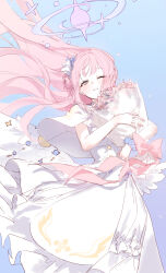 Rule 34 | 1girl, absurdres, angel wings, blue archive, blush, bouquet, capelet, dress, eshineko, feathered wings, flower, hair bun, halo, highres, holding, holding bouquet, long hair, mika (blue archive), one eye closed, open mouth, pink flower, pink hair, pink halo, single side bun, smile, solo, white capelet, white dress, white wings, wings, yellow eyes