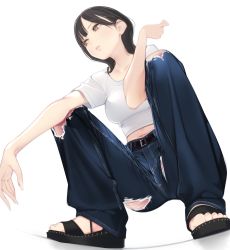 Rule 34 | 1girl, ama mitsuki, belt, black belt, black footwear, black hair, breasts, brown eyes, closed mouth, commentary request, denim, from below, hand up, highres, jeans, looking afar, medium breasts, medium hair, midriff, navel, original, pants, sandals, shirt, short sleeves, simple background, solo, squatting, torn clothes, torn jeans, torn pants, white background, white shirt