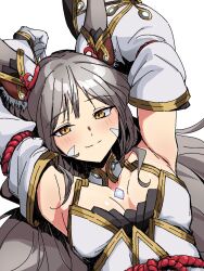 Rule 34 | 1girl, animal ears, arms up, blush, breasts, brown eyes, chest jewel, detached sleeves, facial mark, gloves, grey hair, highres, kame 0 0 kame, long hair, nia (blade) (xenoblade), nia (xenoblade), small breasts, smile, white background, white gloves, xenoblade chronicles (series), xenoblade chronicles 2
