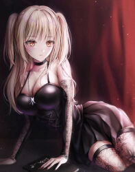 Rule 34 | 1girl, absurdres, amane misa, arm support, bare shoulders, black choker, black dress, black thighhighs, blonde hair, blush, breasts, brown eyes, choker, cleavage, collarbone, commentary request, death note, death note (object), dress, expressionless, goth fashion, hair intakes, highres, jewelry, lace thighhighs, large breasts, light particles, long hair, looking ahead, nail polish, necklace, red curtains, red nails, short dress, solo, thighhighs, two side up, yume (yumeyume 030)