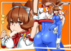 Rule 34 | 1girl, animal ears, ass, blue bodysuit, bodysuit, breasts, brown eyes, brown hair, cleavage, eating, fingerless gloves, food, gloves, large breasts, makihara arina, orange background, popsicle, rabbit ears, ryao, sexually suggestive, shiny clothes, skin tight, spandex, waku waku 7