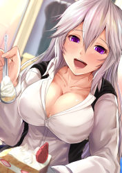 Rule 34 | 1girl, bad id, bad pixiv id, blurry, blurry background, blush, breasts, cake, cleavage, collarbone, dutch angle, feeding, fingernails, food, fruit, hair between eyes, highres, holding, indoors, kanzaki kureha, large breasts, long hair, long sleeves, looking at viewer, open mouth, original, purple eyes, shirt, sitting, smile, solo, spoon, strawberry, teeth, upper body, white hair, white shirt, window