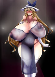Rule 34 | 1girl, aged up, blonde hair, blush, breasts, cleavage, curvy, dress, elbow gloves, female focus, female pubic hair, gigantic breasts, gloves, gradient background, hat, highres, huge nipples, kisaragi futsuka, large areolae, long hair, looking at viewer, mature female, navel, nipples, no bra, no panties, plump, pubic hair, sagging breasts, see-through, smile, solo, standing, tattoo, thick thighs, thighhighs, thighs, touhou, very long hair, walking, watatsuki no toyohime, white gloves, white thighhighs, wide hips, yellow eyes