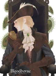 Rule 34 | 1girl, bad id, bad pixiv id, blonde hair, bloodborne, blue eyes, chain, chair, chalice, cup, flower, gem, gloves, hat, hat feather, highres, lady maria of the astral clocktower, looking to the side, tricorne, vest, yuu (yazakiayumi)