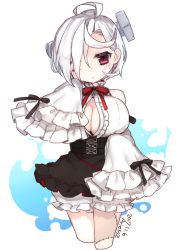 Rule 34 | 1girl, 2017, antenna hair, ariesuzu (ariessz), artist name, azur lane, belt, black belt, black ribbon, black skirt, bloomers, blush, breasts, buttons, center opening, closed mouth, cowboy shot, cropped legs, detached sleeves, eyebrows, facing viewer, frilled skirt, frilled sleeves, frills, hair between eyes, hair over one eye, large breasts, long sleeves, looking at viewer, miniskirt, red eyes, red ribbon, ribbon, screw, shirt, short hair, simple background, skirt, sleeveless, sleeveless shirt, sleeves past wrists, solo, standing, stitches, terror (azur lane), unbuttoned, underwear, white background, white bloomers, white hair, white shirt, wide sleeves
