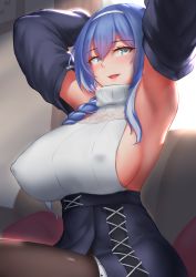 Rule 34 | 1girl, armpits, arms behind head, black pantyhose, black skirt, bloom, blue eyes, blue hair, braid, breasts, couch, covered erect nipples, detached sleeves, dp-12 (girls&#039; frontline), girls&#039; frontline, hair over shoulder, hairband, high-waist skirt, highres, indoors, large breasts, long hair, looking at viewer, mingke, multicolored hair, no bra, open mouth, pantyhose, pillow, revealing clothes, side slit, sideboob, single braid, sitting, skirt, smile, solo, sweater, turtleneck, white hair, white hairband, white sweater