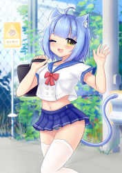Rule 34 | 1girl, absurdres, animal ears, atlanta (warship girls r), blue hair, blue skirt, blue tail, bow, bowtie, breasts, cat ears, cat tail, highres, miniskirt, navel, one eye closed, pleated skirt, red bow, red bowtie, school uniform, short hair, short sleeves, skirt, small breasts, solo, tail, thighhighs, warship girls r, white thighhighs, william.b, yellow eyes