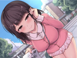 Rule 34 | 1girl, adjusting hair, black hair, blue sky, blunt bangs, blurry, blurry background, blush, bow, breasts, brown eyes, brown hair, building, cardigan, closed mouth, cloud, commentary request, day, depth of field, frills, half-closed eyes, hand in own hair, holding, holding paper, kasai shin, large breasts, leaning forward, legs together, long hair, long sleeves, looking at viewer, minibow, miniskirt, original, paper, pink bow, pink cardigan, road, shirt, skirt, sky, smile, solo, street, tree, white shirt