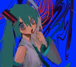 Rule 34 | 000v666, 1girl, abstract background, alternate eye color, aqua hair, aqua necktie, bare shoulders, blue background, blush stickers, collared shirt, detached sleeves, from side, grey shirt, grey sleeves, hair between eyes, hair ornament, hand up, hatsune miku, highres, long hair, long sleeves, looking at viewer, looking to the side, necktie, open mouth, purple eyes, shirt, sleeveless, sleeveless shirt, solo, tongue, tongue out, twintails, upper body, vocaloid, wide sleeves
