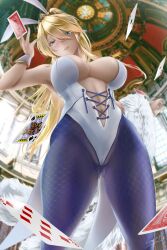 Rule 34 | 1girl, absurdres, adapted costume, ahoge, animal ears, artoria pendragon (all), artoria pendragon (fate), artoria pendragon (swimsuit ruler) (fate), backlighting, bare shoulders, blonde hair, blue pantyhose, blush, braid, breasts, card, center opening, cleavage, detached collar, fate/grand order, fate (series), feather boa, fishnet pantyhose, fishnets, french braid, gluteal fold, green eyes, hair between eyes, highleg, highleg leotard, highres, large breasts, leotard, long hair, looking at viewer, looking down, navel, necktie, pantyhose, playboy bunny, playing card, ponytail, rabbit ears, sidelocks, smile, solo, soy&#039;elve, thighs, tiara, white leotard, wrist cuffs