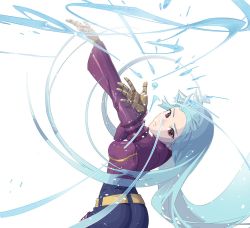 Rule 34 | 1girl, ass, belt, blue hair, bodysuit, breasts, cofffee, eyebrows, gloves, head tilt, ice, kula diamond, long hair, looking at viewer, purple eyes, simple background, small breasts, solo, the king of fighters, white background