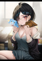 Rule 34 | 1girl, absurdres, bare shoulders, black hair, blue eyes, blue shirt, blush, breasts, cleavage, glasses, hair behind ear, hair ornament, hair over one eye, hairclip, hands up, highres, holding, indoors, jacket, large breasts, looking at viewer, off shoulder, open clothes, open jacket, original, parted lips, red eyes, shirt, short hair, sitting, smile, solo, sweat, yufou