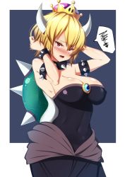 Rule 34 | 1girl, armlet, bad id, bad pixiv id, bare shoulders, blonde hair, blush, bowsette, bracelet, breasts, cleavage, collar, commentary request, covered navel, crown, fang, highres, horns, jewelry, kawaruhi, large breasts, looking at viewer, mario (series), new super mario bros. u deluxe, nintendo, open mouth, ponytail, red eyes, short hair, solo, spiked armlet, spiked bracelet, spiked collar, spikes, super crown