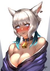 Rule 34 | 1girl, absurdres, animal ears, bell, blush, breasts, cat ears, cleavage, collar, cowbell, dark-skinned female, dark skin, earrings, facial mark, final fantasy, final fantasy xiv, full-face blush, grey eyes, highres, hjz (artemi), japanese clothes, jewelry, kimono, looking to the side, medium breasts, miqo&#039;te, neck bell, neck tattoo, off shoulder, short hair, solo, tattoo, upper body, whisker markings, white background, white hair, y&#039;shtola rhul
