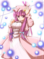 Rule 34 | 1girl, arm up, crescent, crescent hair ornament, danmaku, dress, eyebrows, female focus, hair ornament, hair ribbon, hat, long hair, long sleeves, looking at viewer, mob cap, patchouli knowledge, purple eyes, purple hair, ribbon, side ponytail, simple background, solo, touhou, tress ribbon