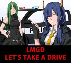 Rule 34 | 2girls, :d, ^ ^, arknights, bishi (bishi), black jacket, breasts, car, ch&#039;en (arknights), chinese commentary, closed eyes, commentary request, covered navel, dragon horns, green hair, grin, hand on own hip, hand up, horns, hoshiguma (arknights), jacket, long hair, low twintails, medium breasts, motor vehicle, multiple girls, necktie, open clothes, open jacket, open mouth, police car, shirt, single horn, sleeveless, smile, twintails, upper body, white shirt, wing collar, yellow neckwear