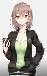 Rule 34 | 1girl, black jacket, breasts, brown eyes, cellphone, cleavage, closed mouth, collar, commentary request, gradient background, green skirt, grey background, hair between eyes, hand in pocket, head tilt, highres, holding, holding phone, jacket, light brown hair, long hair, long sleeves, looking at viewer, medium breasts, open clothes, open jacket, original, phone, piripun, puffy long sleeves, puffy sleeves, skirt, solo, upper body