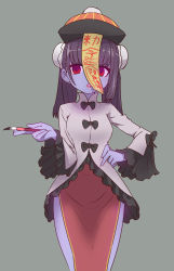 Rule 34 | 1girl, black hair, black ribbon, blue skin, blunt bangs, calligraphy brush, china dress, chinese clothes, colored skin, commentary request, cowboy shot, double bun, dress, eyeshadow, frilled sleeves, frills, grey background, hair bun, hand on own hip, hat, highres, holding, holding brush, jiangshi, legs together, lipstick, long hair, long sleeves, looking at viewer, makeup, ofuda, paintbrush, parted lips, pelvic curtain, qingdai guanmao, red eyes, red lips, ribbon, simple background, solo, standing, sumiyao (amam), wide sleeves