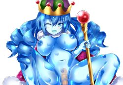 Rule 34 | 1girl, artist request, blue eyes, breasts, cape, censored, crown, drill hair, jewelry, large breasts, long hair, maragon quest, monster girl, nipples, penis, queen, queen slime, scepter, see-through, sex, slime girl, translucent, see-through body, vaginal, wink