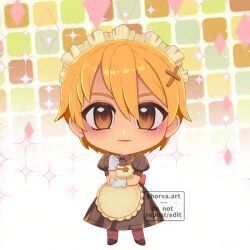 Rule 34 | 1girl, apron, blonde hair, blush, brown dress, brown eyes, brown footwear, brown pantyhose, chibi, chorvaqueen, closed mouth, commentary, dress, english commentary, frilled apron, frills, full body, gloves, hair between eyes, hair ornament, heart, kafra uniform, looking at viewer, maid, maid headdress, medium bangs, paid reward available, pantyhose, puffy short sleeves, puffy sleeves, ragnarok online, roxie (ragnarok online), shoes, short hair, short sleeves, smile, solo, white gloves, x hair ornament, yellow apron
