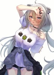 Rule 34 | 1girl, :o, absurdres, ahoge, animal ears, black nails, blue eyes, blush, breasts, choker, cleavage, clothes around waist, collarbone, cowboy shot, cutoffs, earrings, fang, grey eyes, grey hair, hair between eyes, hand up, highres, hololive, jewelry, large breasts, leaning to the side, lion ears, lion girl, long bangs, long hair, looking at viewer, mihaeru, necklace, off-shoulder shirt, off shoulder, open mouth, print shirt, shirt, shishiro botan, shishiro botan (casual), short shorts, shorts, simple background, solo, sweater, sweater around waist, t-shirt, twintails, twitter username, very long hair, virtual youtuber, white background