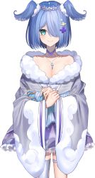 Rule 34 | 1girl, blue bow, blue eyes, blue hair, bow, breasts, cleavage, collarbone, elira pendora, elira pendora (2nd costume), grey kimono, hair over one eye, head wings, highres, japanese clothes, jewelry, key, kimono, necklace, nijisanji, nijisanji en, off shoulder, official alternate costume, one eye covered, purple skirt, short hair, single thighhigh, skirt, smile, solo, suzuno (en 10ten), thigh strap, thighhighs, tiara, virtual youtuber, white background, wings