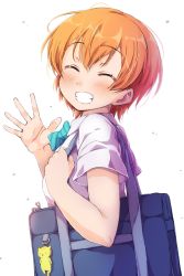 Rule 34 | 1girl, ^ ^, bag, bag charm, blue bow, blue bowtie, bow, bowtie, charm (object), closed eyes, collared shirt, commentary request, facing viewer, from side, grin, hand up, highres, holding strap, hoshizora rin, love live!, love live! school idol project, orange hair, otonokizaka school uniform, school bag, school uniform, sen (sen0910), shirt, short hair, short sleeves, smile, solo, striped bow, striped bowtie, striped clothes, striped neckwear, upper body, waving, white background, white shirt