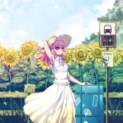 Rule 34 | 1girl, arm up, armpits, bad id, bad twitter id, bag, blonde hair, blue sky, blurry, blurry background, bus stop, closed mouth, dress, flower, hand on headwear, hat, highres, looking to the side, medium hair, niandni, original, red eyes, shadow, sky, sleeveless, sleeveless dress, standing, straw hat, sunflower, tree, waiting, white dress, white neckwear, wing collar