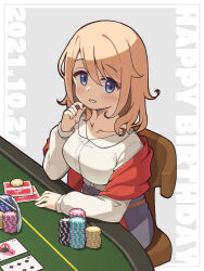 Rule 34 | 1girl, :d, aoyama blue mountain, arm rest, belt, blonde hair, blue eyes, border, breasts, brown belt, buttons, card, chair, club (shape), collarbone, collared shirt, commentary, dated, gochuumon wa usagi desu ka?, grey background, hair between eyes, hand on own chin, happy birthday, heart, highres, long sleeves, looking at viewer, medium breasts, medium hair, mohei, open mouth, parted lips, playing card, poker chip, poker table, purple skirt, red shawl, shawl, shirt, sidelocks, simple background, sitting, skirt, smile, solo, table, wavy hair, white border, white shirt, wooden chair