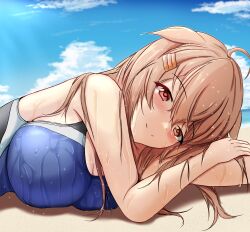 Rule 34 | 1girl, beach, black one-piece swimsuit, blue one-piece swimsuit, blush, brown eyes, cloud, cloudy sky, competition swimsuit, dated, day, gradient hair, heterochromia, highleg, highleg swimsuit, highres, impossible clothes, impossible swimsuit, kantai collection, light brown hair, long hair, looking at viewer, lying, montemasa, multicolored clothes, multicolored hair, multicolored swimsuit, murasame (kancolle), on side, on stomach, one-hour drawing challenge, one-piece swimsuit, red eyes, sand, sky, swimsuit, twitter username, two-tone swimsuit, two side up, wet, wet clothes, wet swimsuit
